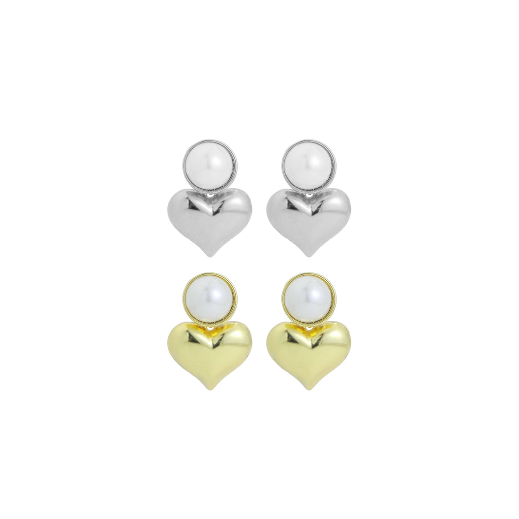Gold Silver Pearl Puffy Heart Stud Earrings, Sku#LX787