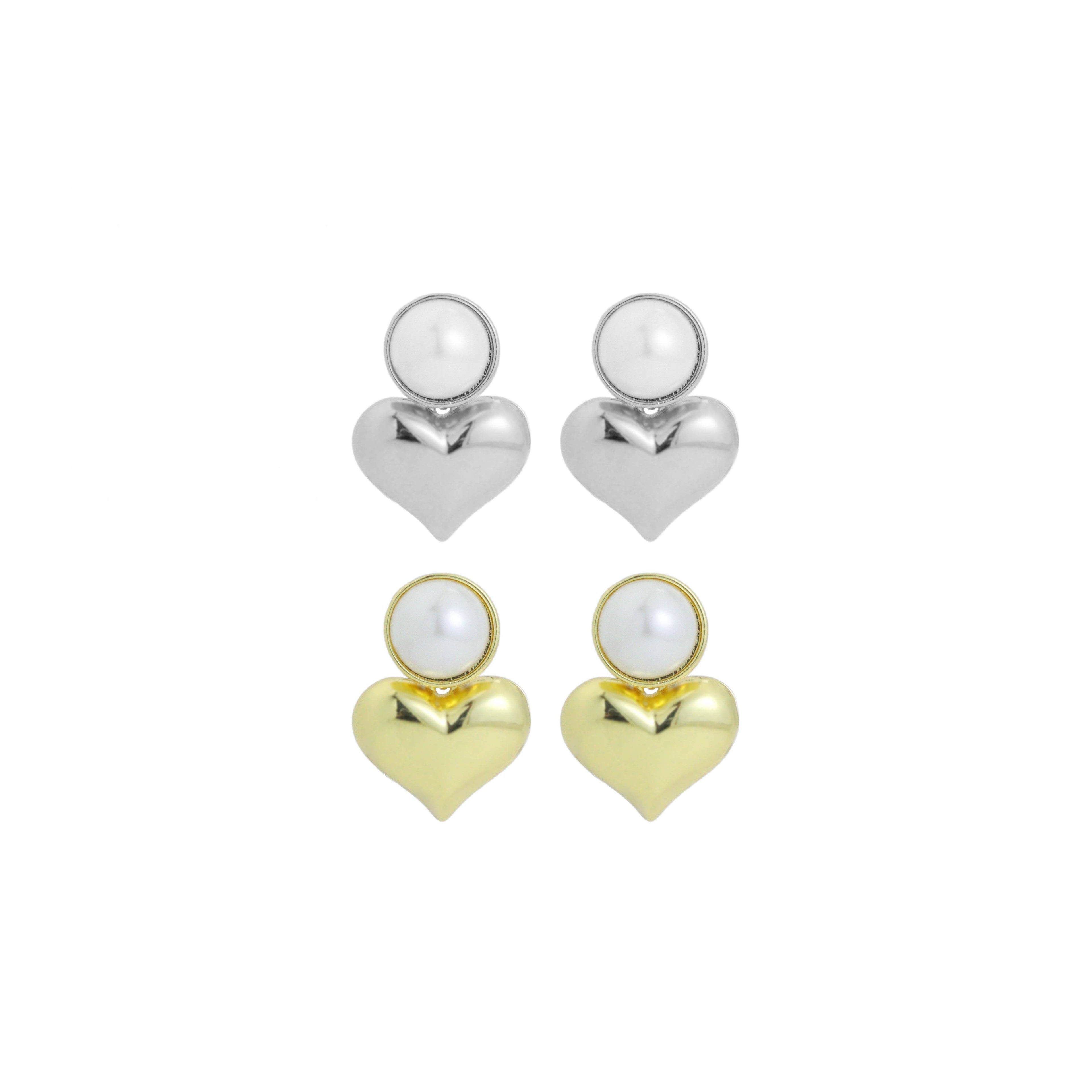 Gold Silver Pearl Puffy Heart Stud Earrings, Sku#LX787