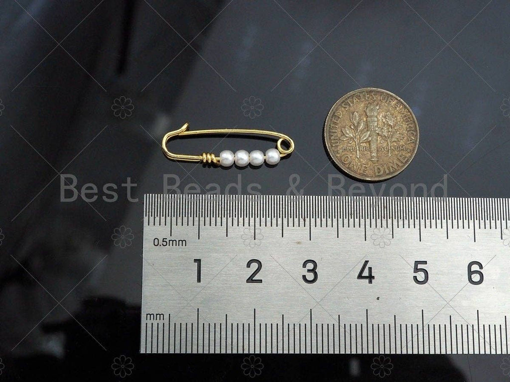 Cute 18K Gold Safety Pin Clasp, Pearl On Clasp Safety Pin, Paper Clip Chain Connector Clasp, 8x24mm, Sku#Y392