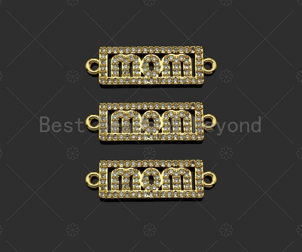 Gold Filled CZ Micro Pave Mom Word On Rectangle Shape Connector, 18K Gold Filled Connector, Mother's Day Gift, 25x8mm,Sku#LD112