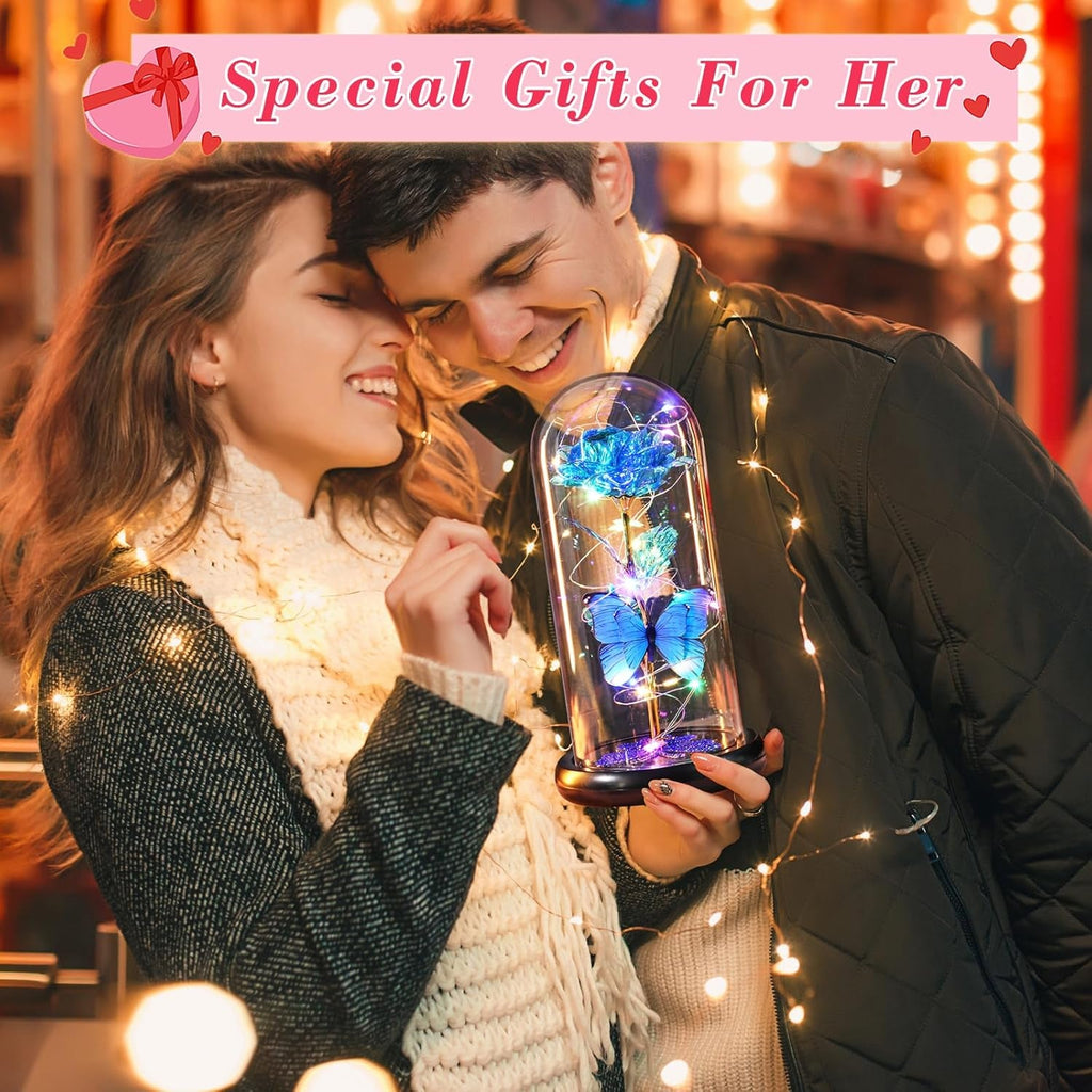 Valentines Day Birthday Gifts for Her Women Blue Rose Eternal Flower Light up Rose in Glass Dome with Butterfly, Valentine'S Flowers Gifts for Her Wife Mom Girlfriend Delivery Prime Anniversary