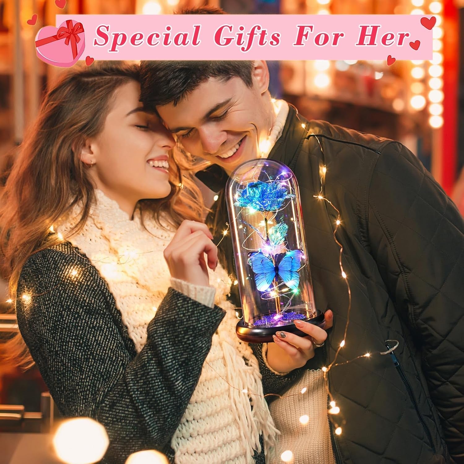 Valentines Day Birthday Gifts for Her Women Blue Rose Eternal Flower Light up Rose in Glass Dome with Butterfly, Valentine'S Flowers Gifts for Her Wife Mom Girlfriend Delivery Prime Anniversary