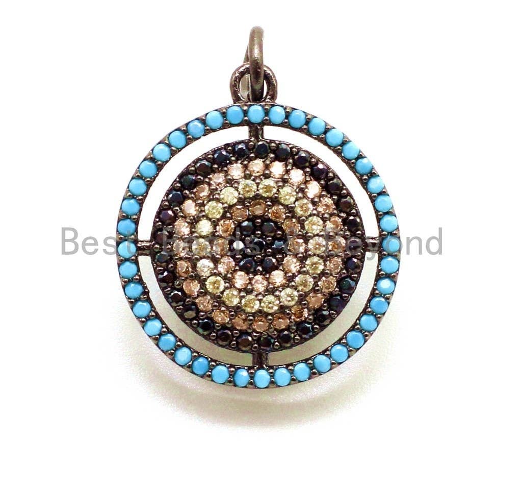 CZ Micro Pave 18x23mm Round Charm/Pendent, Turquoise Blue Cubic Zirconia Pave Pendant in Rose Gold/Silver/Gold/Black Finish, sku#F33