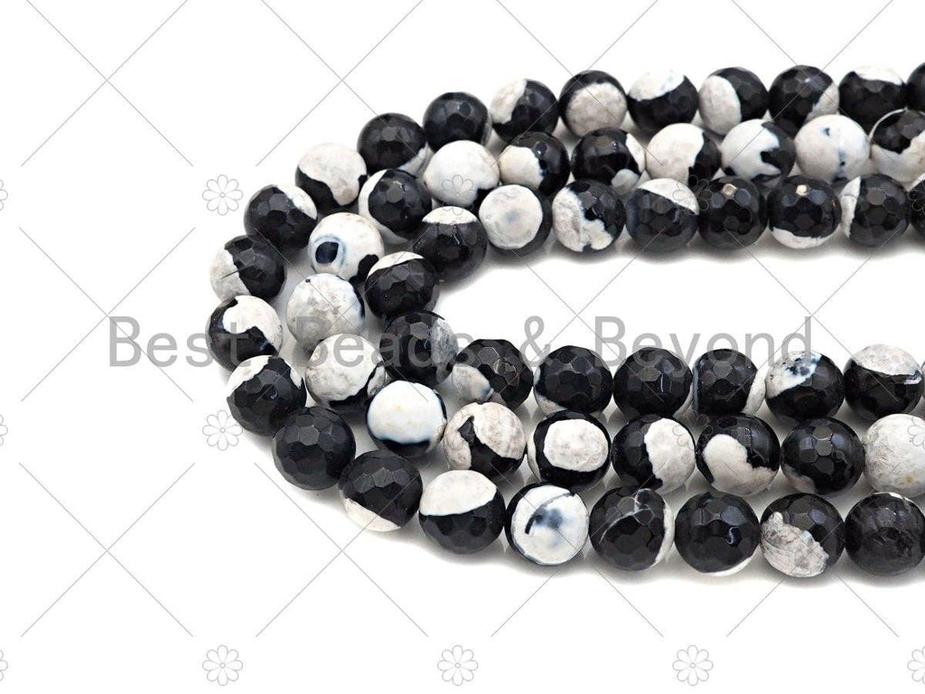 Natural Black White Fire Agate Round Faceted Beads, 8mm/10mm
