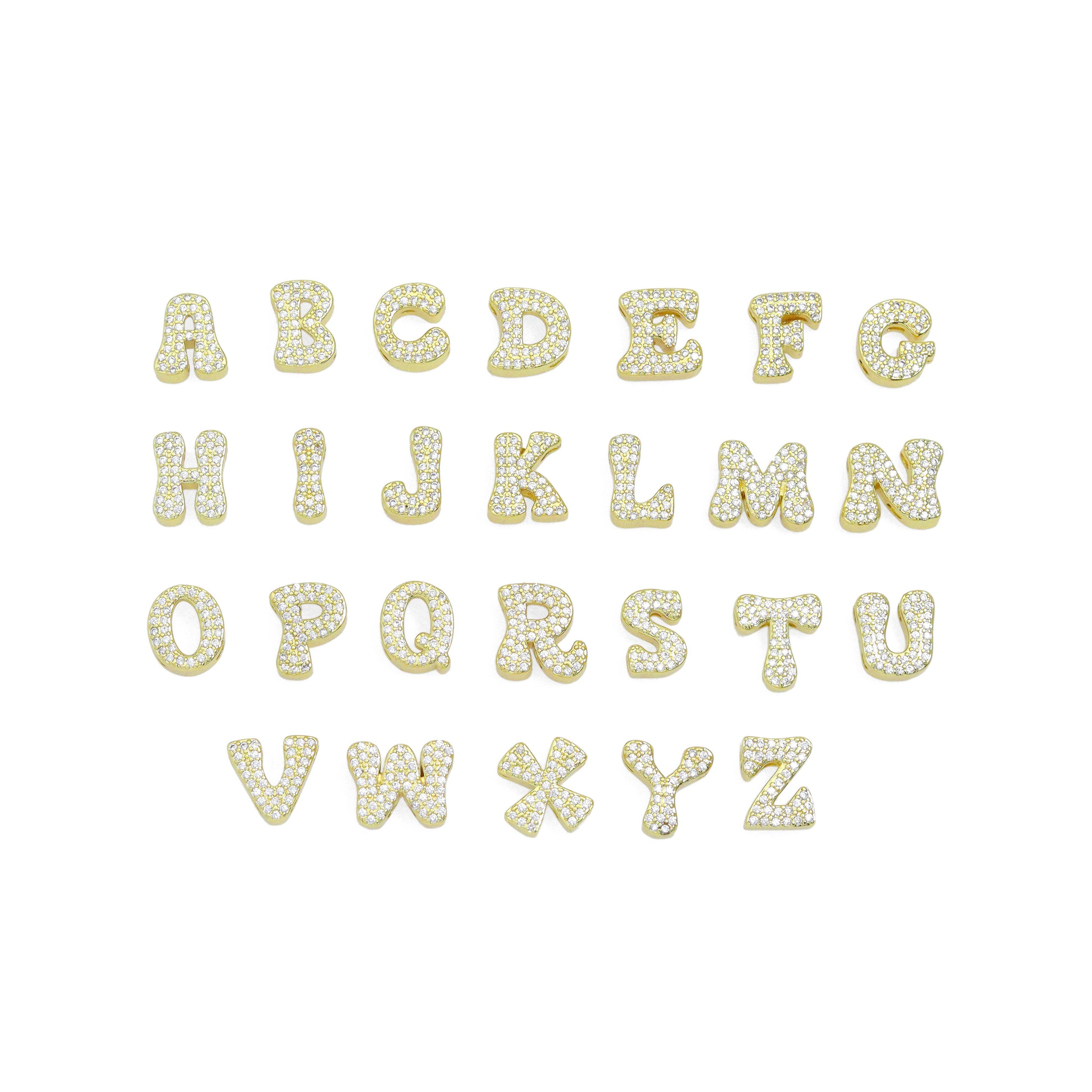 Gold Silver CZ Gold Alphabet Initial Letter Charm Pendant Bead,Sku#LX888