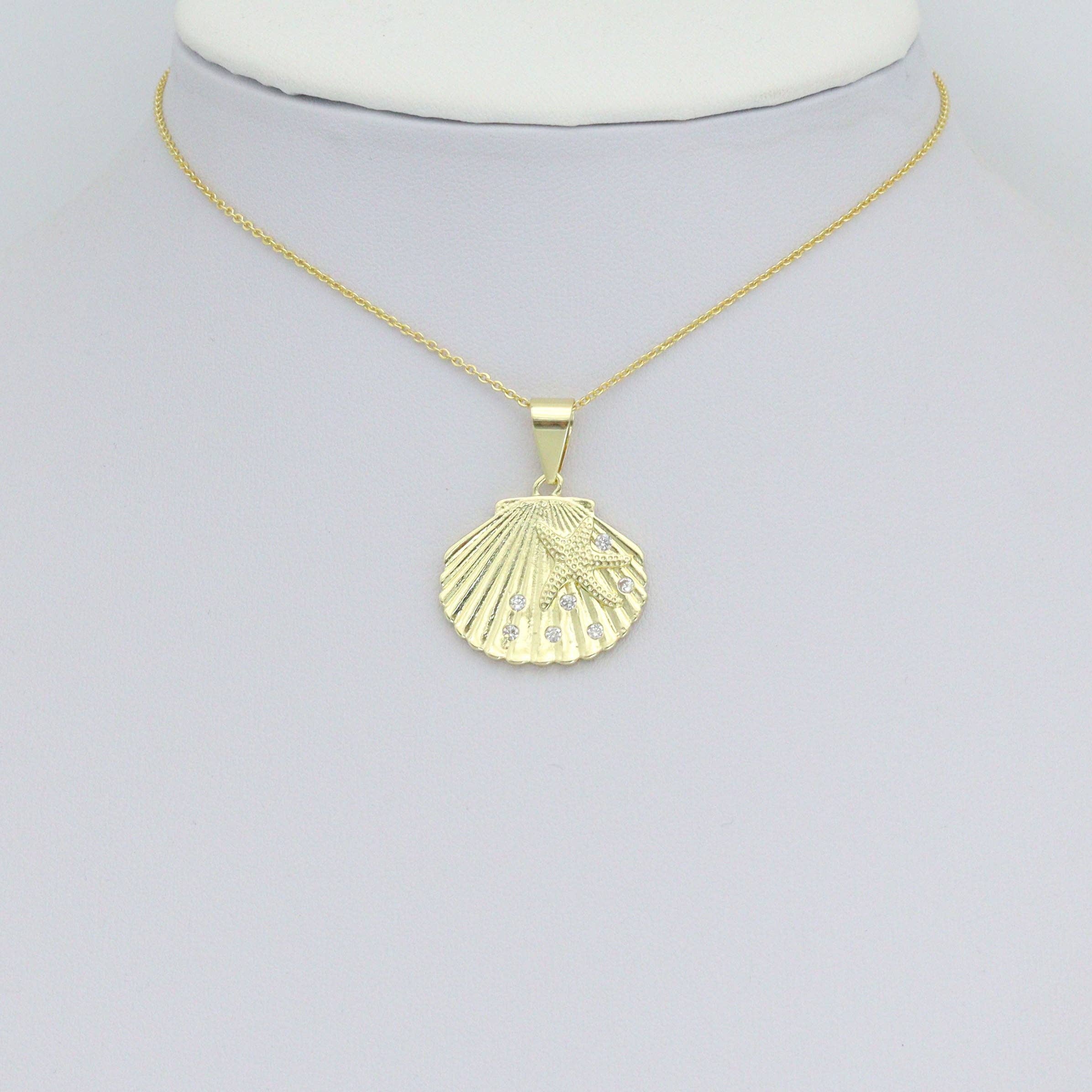 CZ Gold Starfish On Shell Charm Pendant, Sku#LK1159