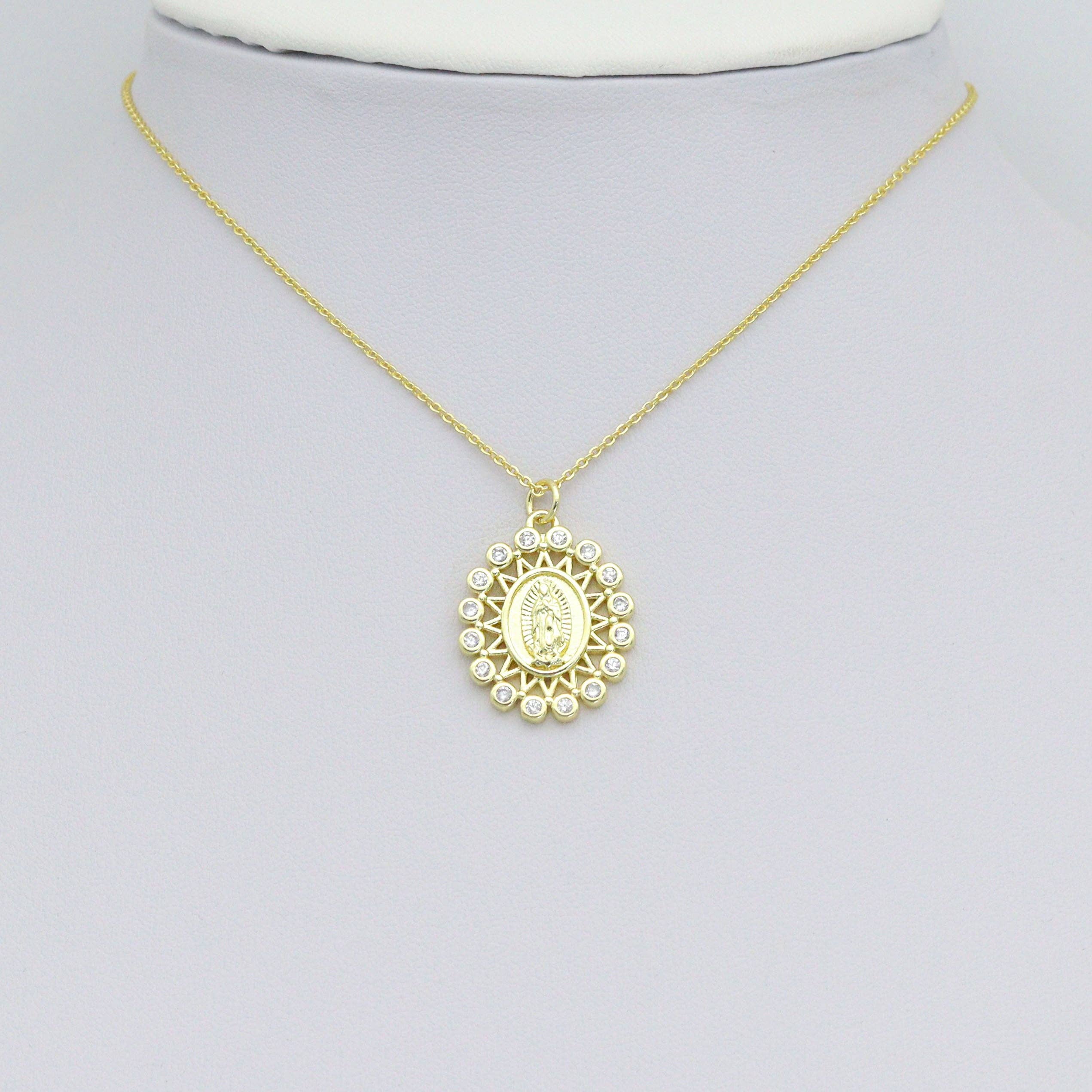 Clear CZ Gold Virgin Mary On Oval Shape Charm Pendant, Sku#LK1113