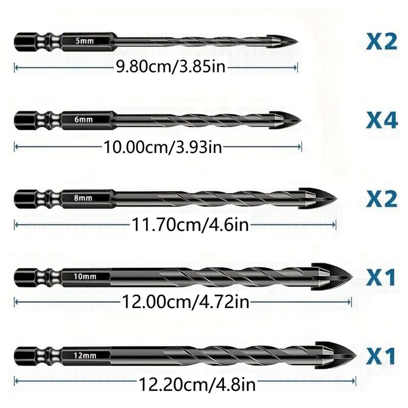 Masonry Spiral Drill Bit Set, Concrete Drill Bit Set for Tile, Brick, Glass, Plastic and Wood, Tungsten Carbide Tip for Ceramic Tile, Wall Mirror, Paver on Concrete or Brick Wall