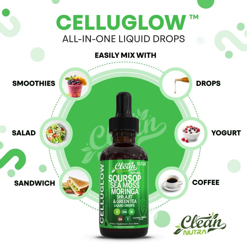 Clean Nutra Soursop, Sea Moss, Moringa, Shilajit and Green Tea for Cellular Health & Radiance Support - Celluglow