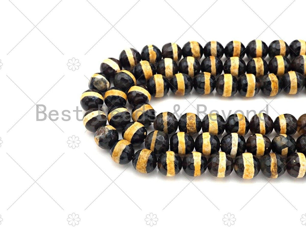 Dzi Agate Faceted Round Beads with Orange Line, 6mm/8mm/10mm, Orange Black Tibetan Beads, Agate Beads, 15.5'' Full Strand,Sku#U1073