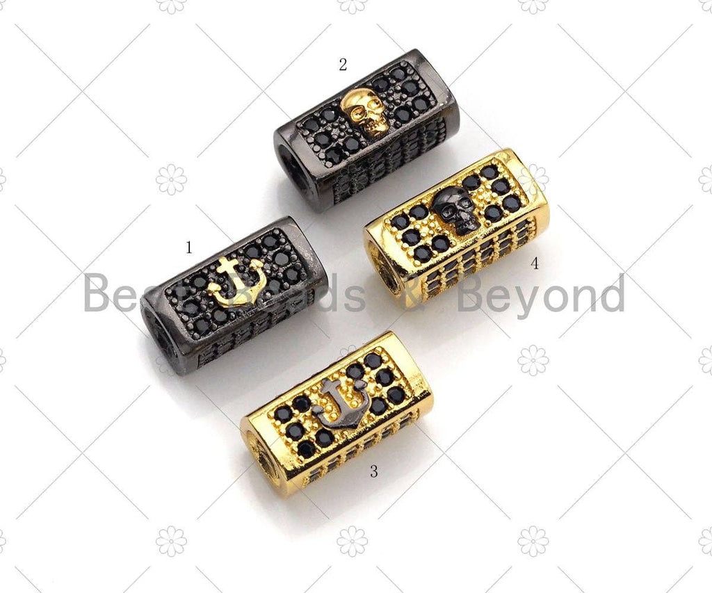Anchor/Skull Bead,Tube Spacer Bead, Black CZ Pave Tube Spacer Beads for Men/Women Jewelry Making, 7x14mm, sku#ML22