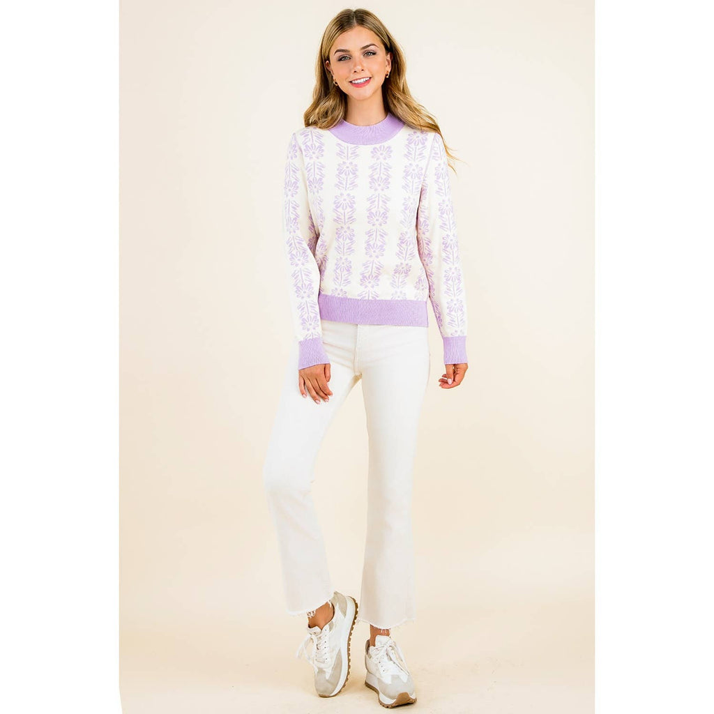 Leyla - Long Sleeve Floral Pattern Knit Pullover Sweater