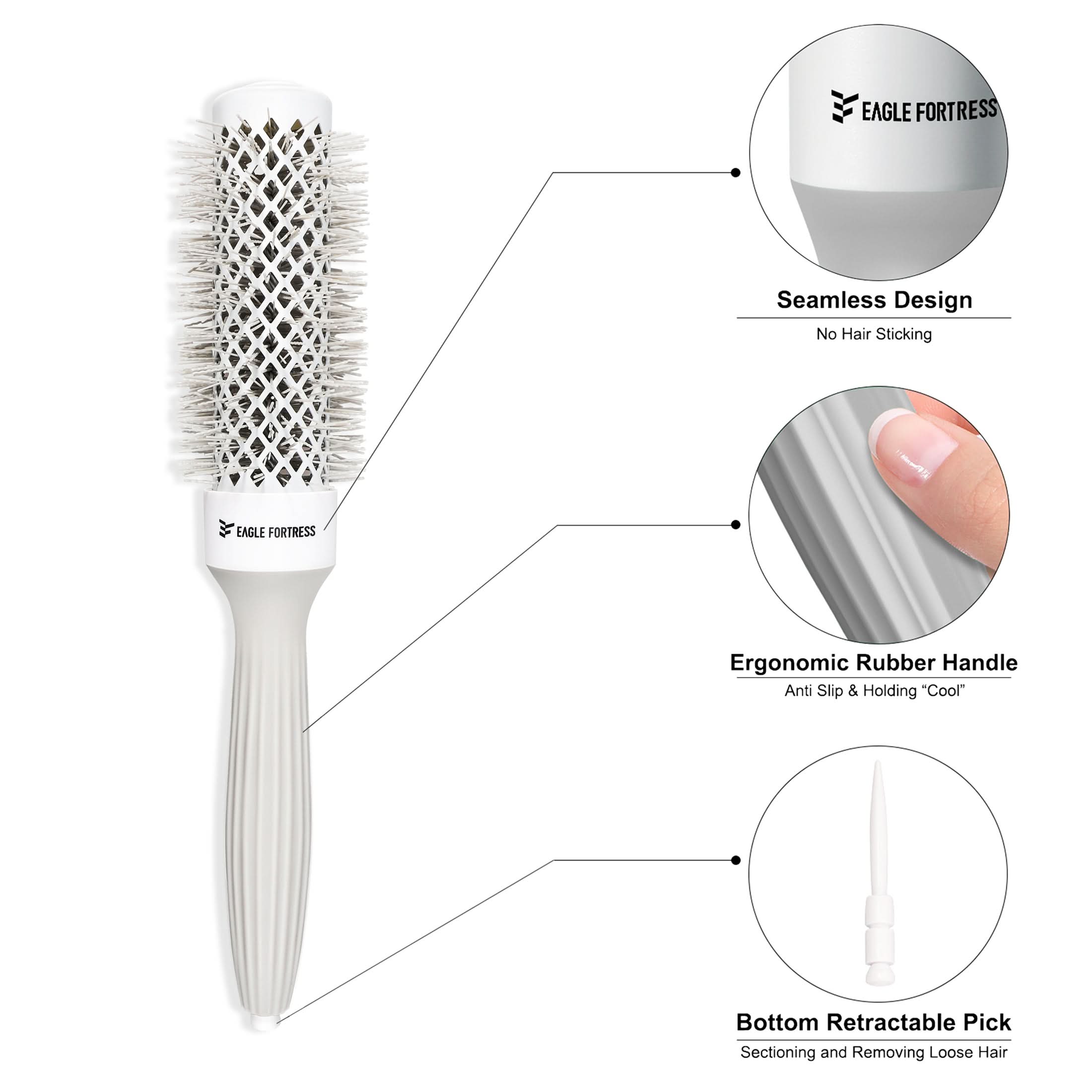 Eagle Fortress Professional Round Hair Brush for Blow Drying with Ceramic + Ionic, Grey 1.26in