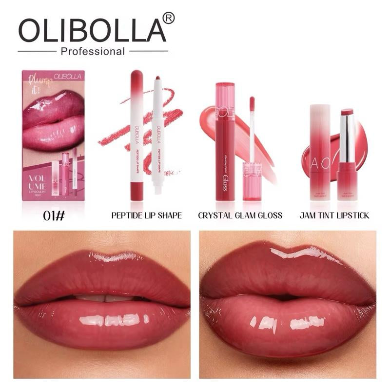 OLIBOLLA Volume Lip Sculpt Trio Set Lip Liner Lipstick Lip Glaze 3-In-1 Easy Color Gift Box for Flawless Glossy Lips