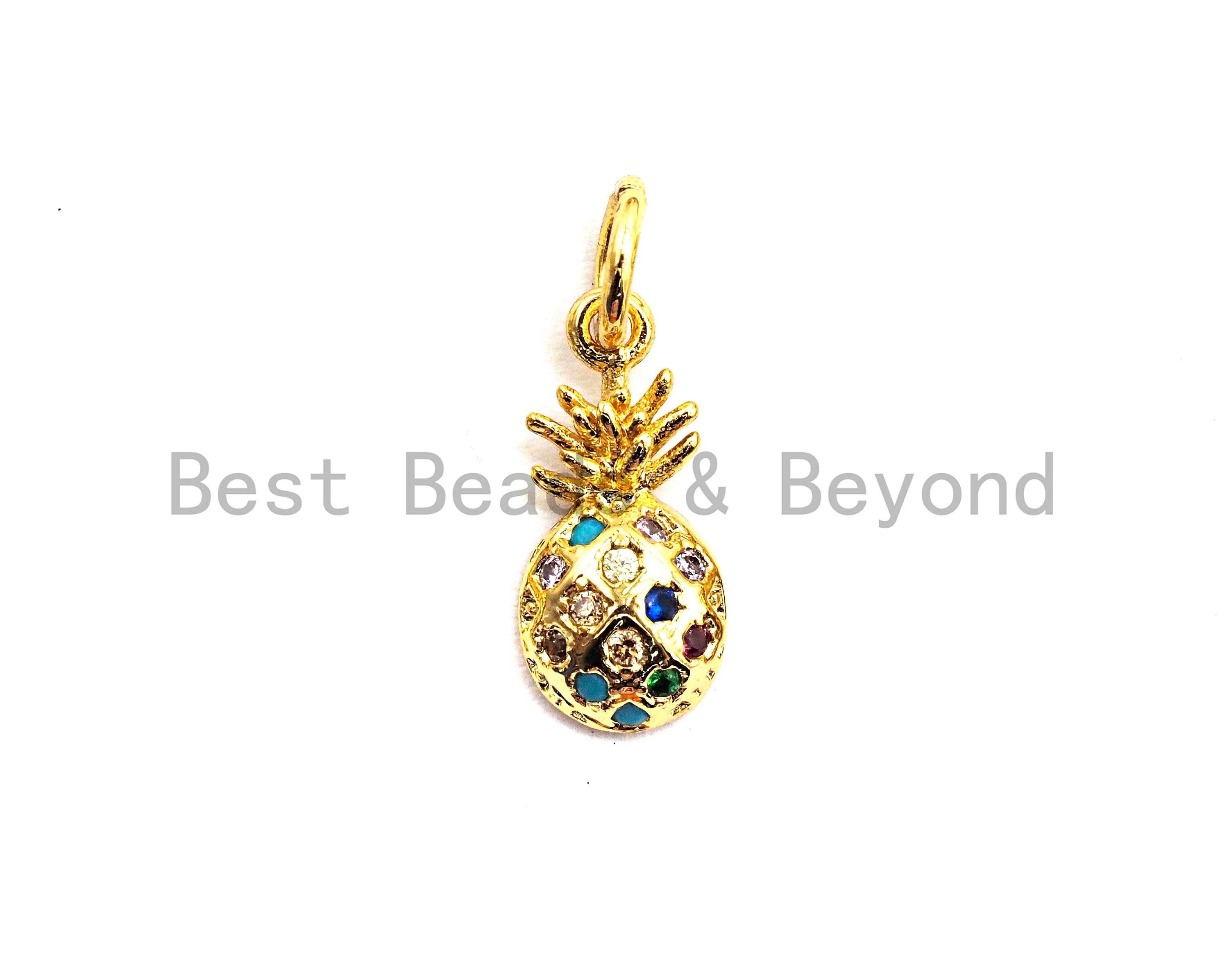 Small CZ Colorful Micro Pave Pineapple Pendant, Pineapple  Shaped Pave Pendant, Gold plated Pineapple Charm, 6x13mm, Sku#F760