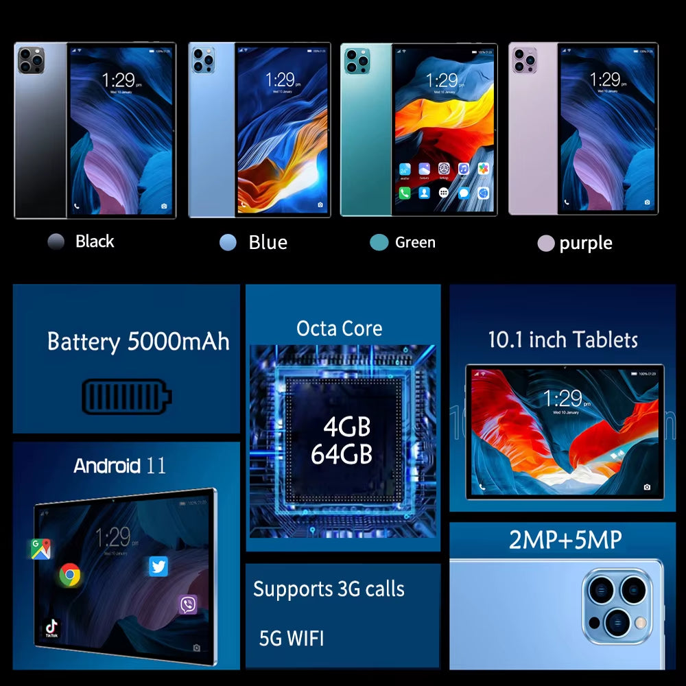 2024 Top Selling 10.1-Inch Tablet with 4GB RAM 64GB ROM, Android 11 System Tablet Song Player Global Version Tablet 5000 Mah