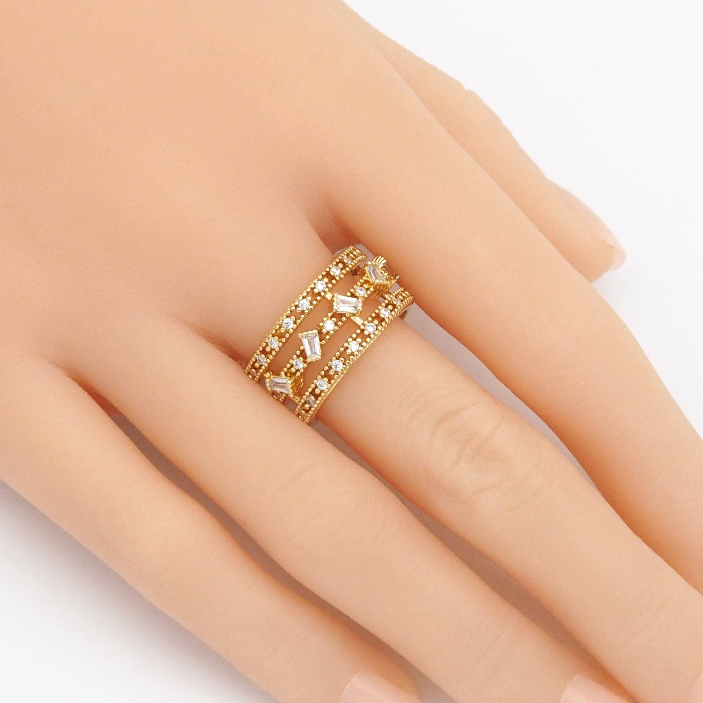 Baguette CLear CZ Three Lines Thick Band Adjustable Ring, Sku#LD443