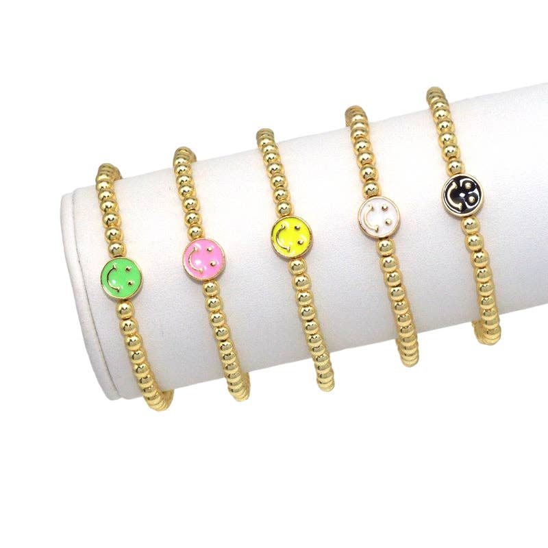 CZ Enamel Smiley Face Gold Hematite Bracelet, Sku#EF148