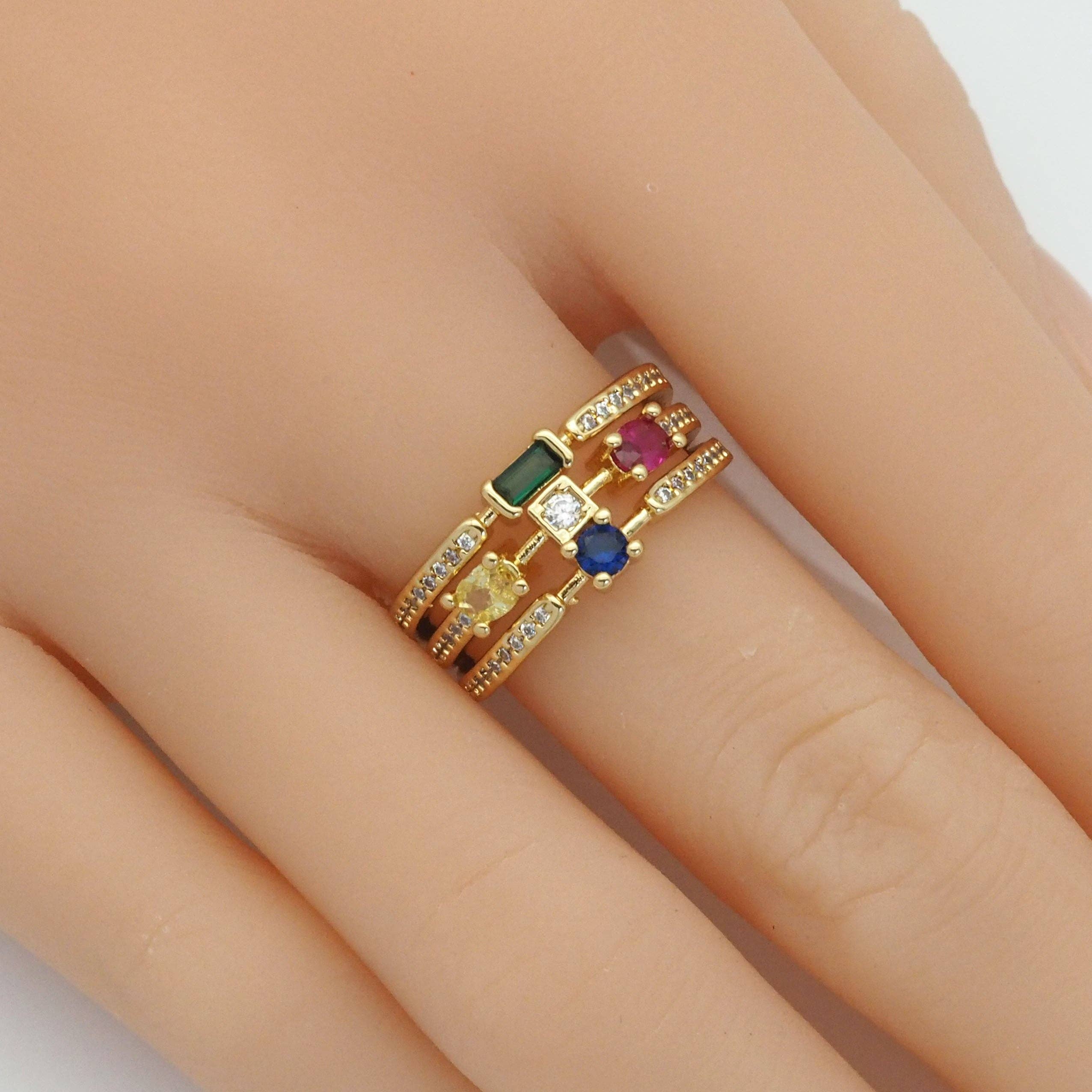 Multi Color CZ Triple Lines Adjustable Ring, Sku#LX247