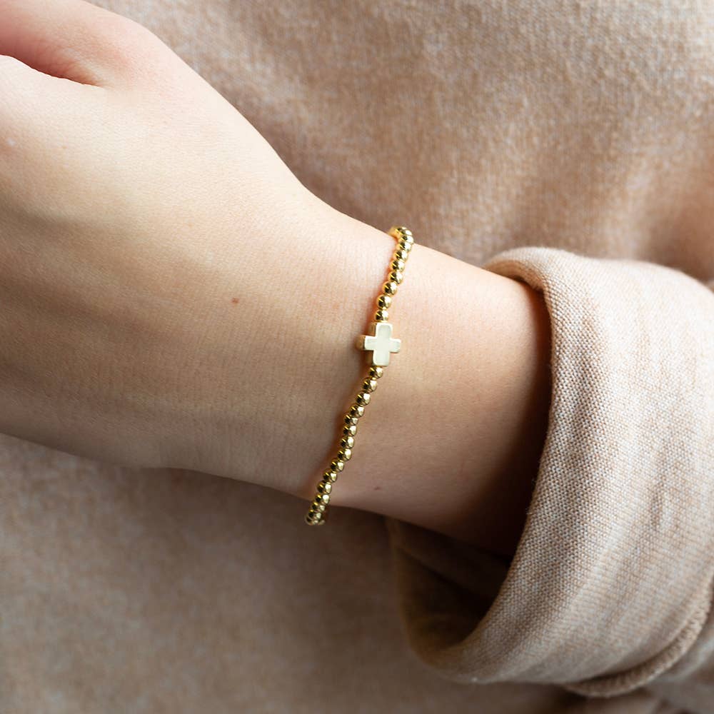Faith Over Fear Cross Bracelet, 3mm -Gold Beaded