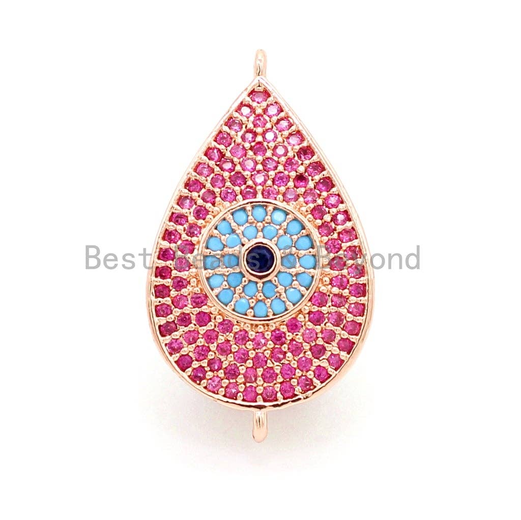 CZ Micro Pave Fuchsia Teardrop Connector with Turquoise Evil Eye for Bracelet/Necklace, Cubic Ziroconia Space Connector, 15x27mm,sku#E26C