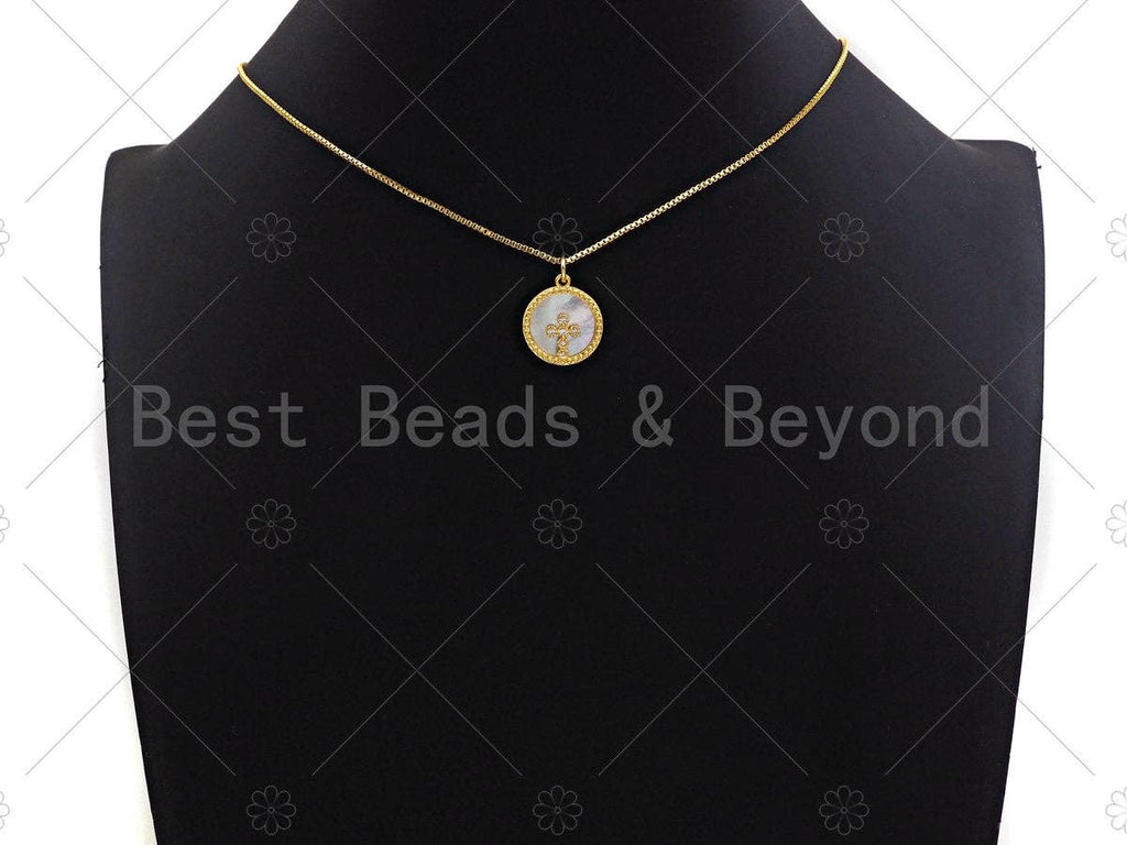 18K Gold CZ Micro Pave Cross on Mother-of-pearl Pendant ,SKU#Z1119