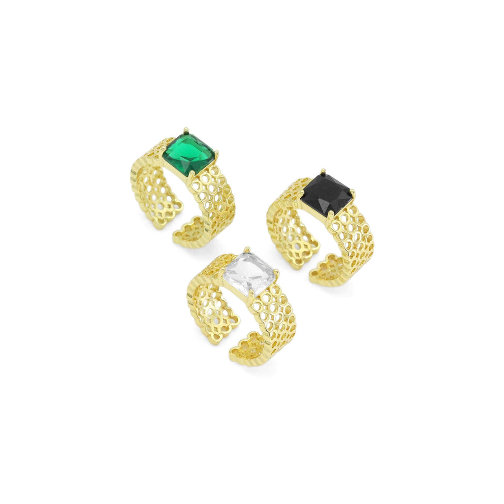 Green Black Clear Stone Thick band Adjustable Ring, Sku#Y918