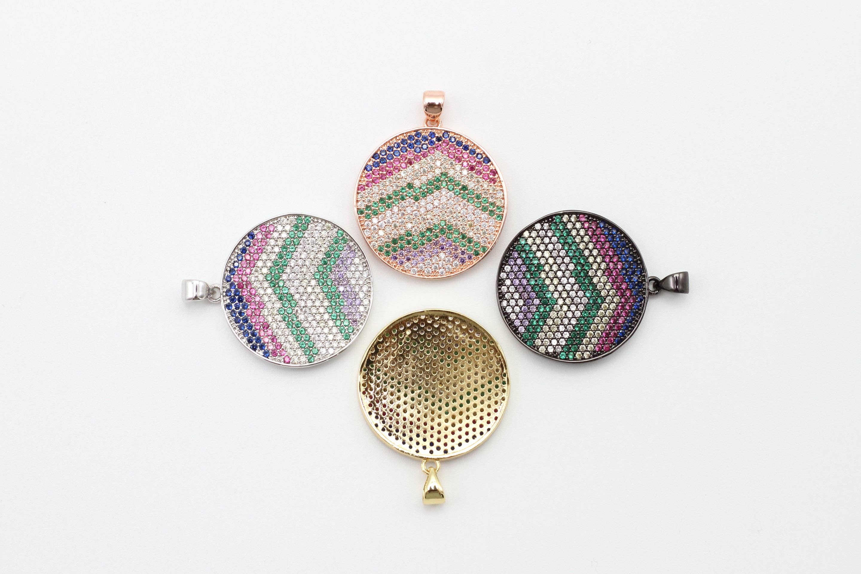 CZ Micro Pave Mixed Color Zigzag Round Disc Pendant, Cubic Zirconia Necklace Pendant, 25x31mm, sku#F3