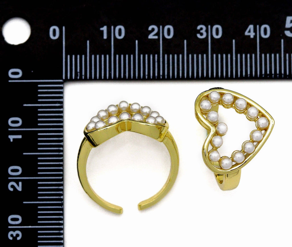 CZ Gold Pearl Heart Adjustable Ring, Sku#JL138