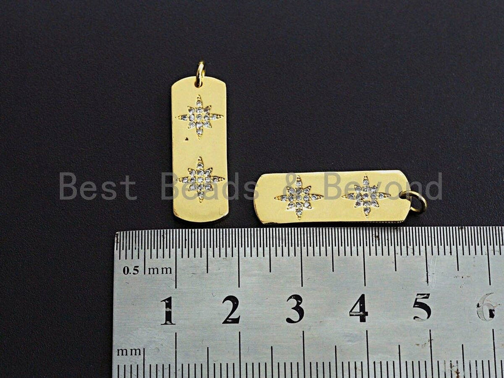 CZ Micro Pave Double North Star On Long Bar Pendant, Cubic Zirconia Strip Pendant, Micro pave Star pendant, 9x26mm, sku#Z769