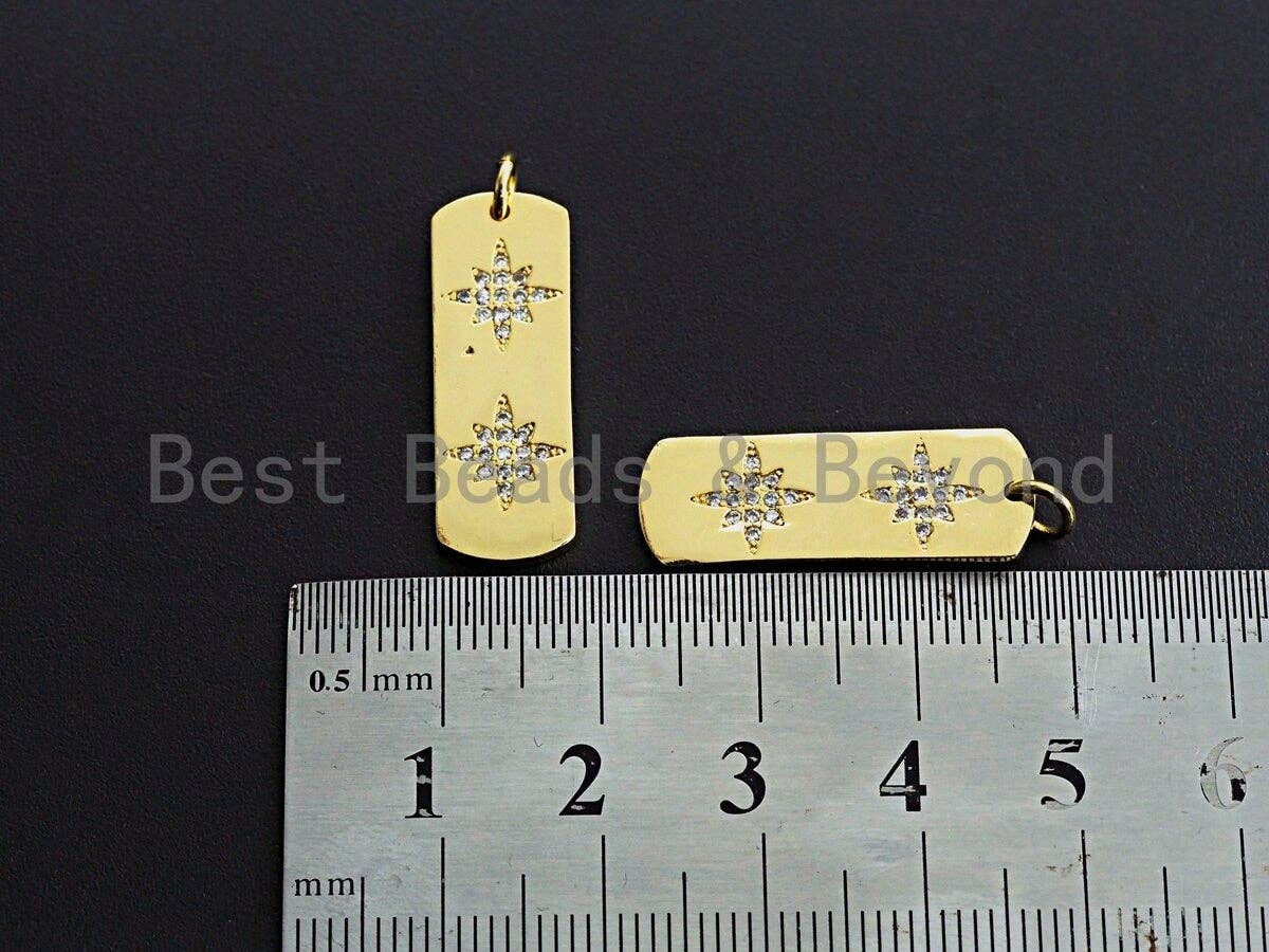 CZ Micro Pave Double North Star On Long Bar Pendant, Cubic Zirconia Strip Pendant, Micro pave Star pendant, 9x26mm, sku#Z769