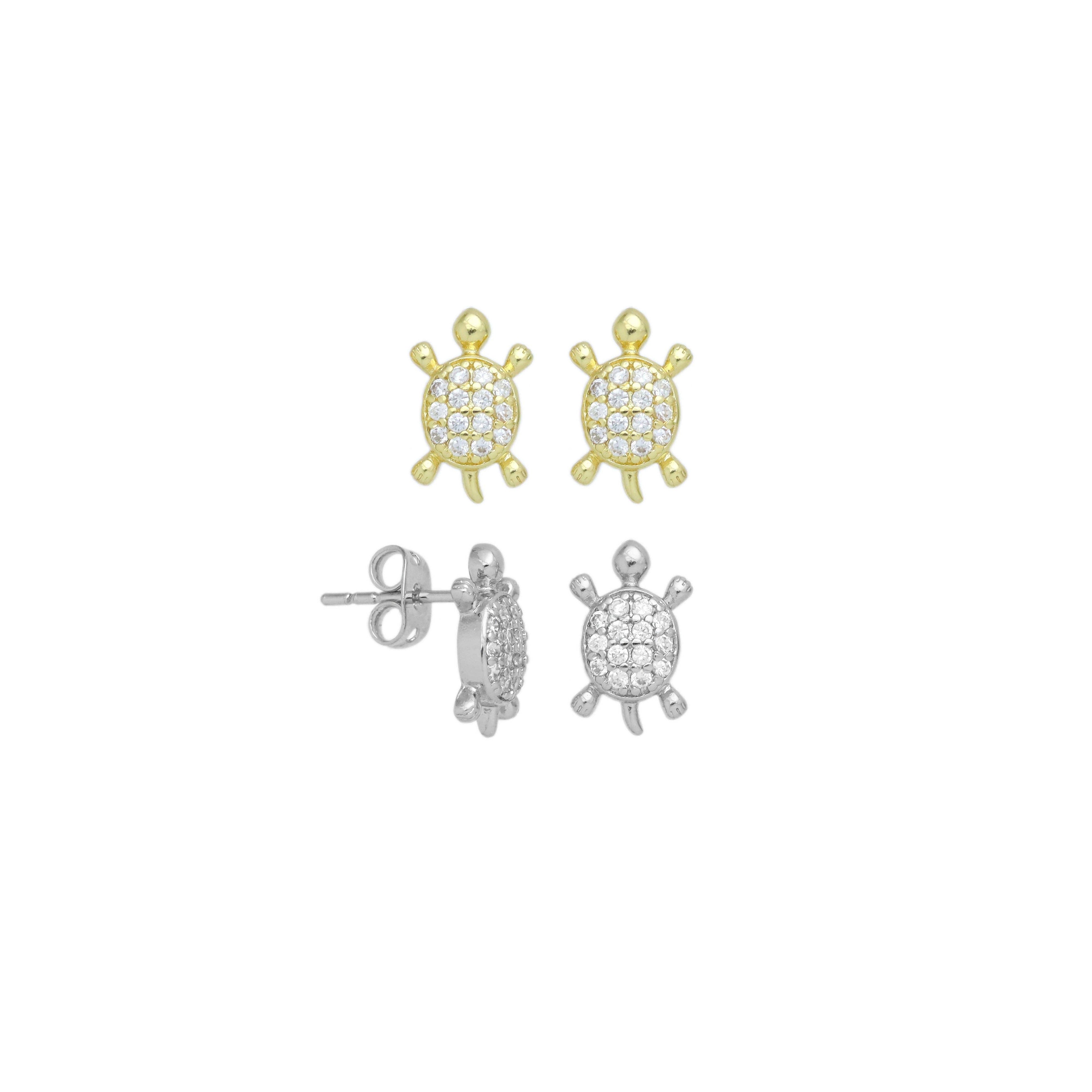 Gold Silver CZ Cute Turtle Stud Earrings, Sku#A296