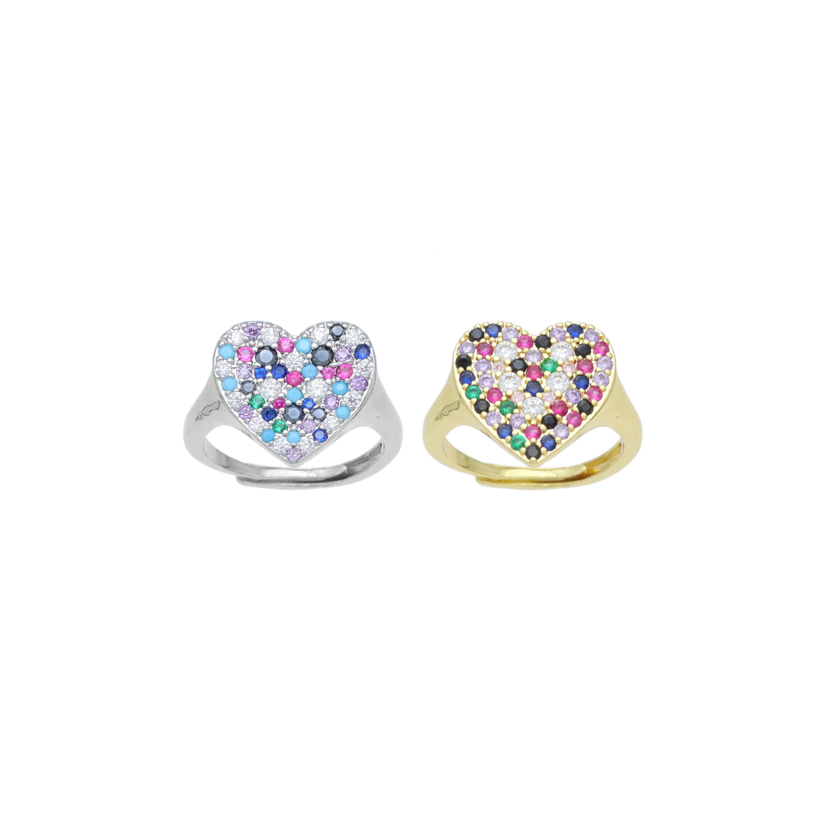 Colorful CZ Heart Statement Adjustable Ring, Sku#A318