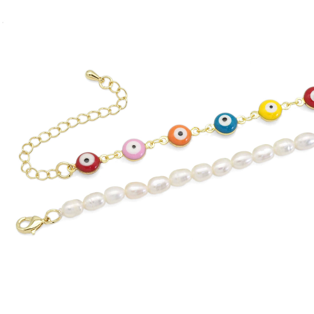 Colorful Enamel Evil Eye Freshwater Pearl  Necklace, Sku#EF477