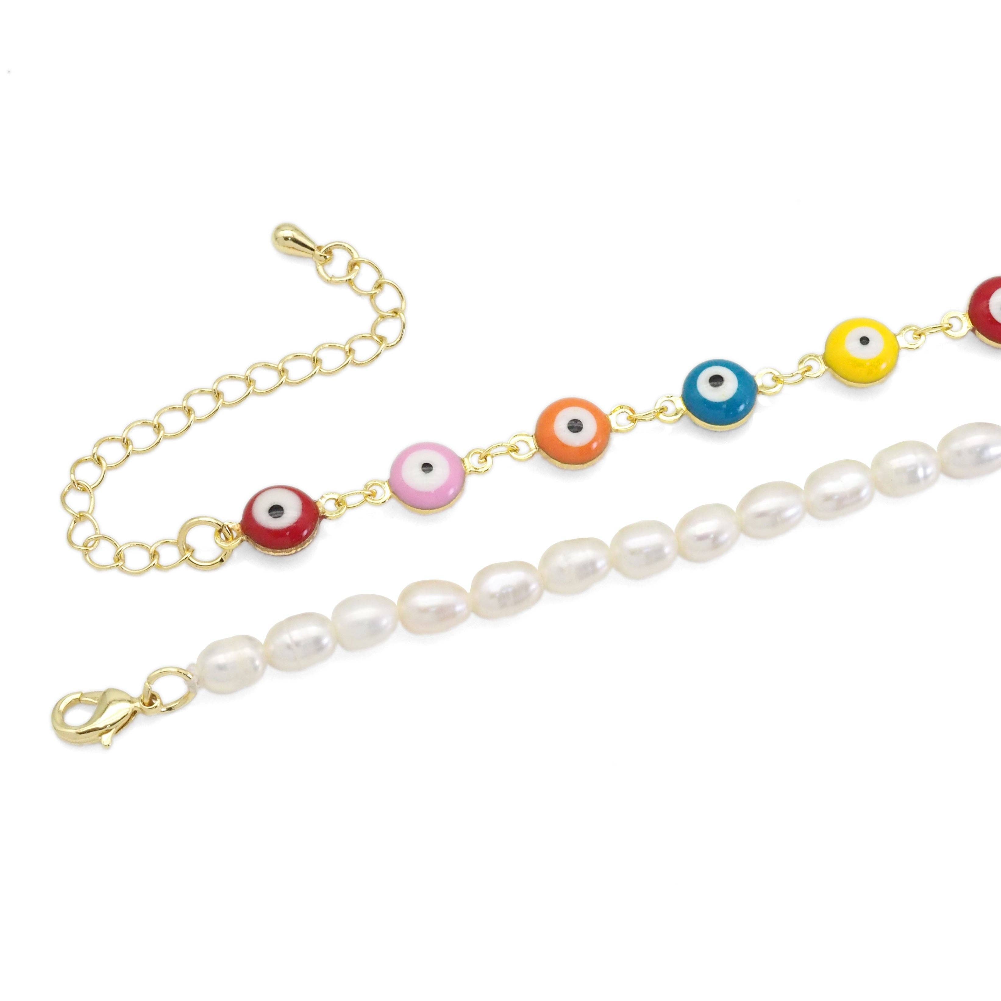 Colorful Enamel Evil Eye Freshwater Pearl  Necklace, Sku#EF477