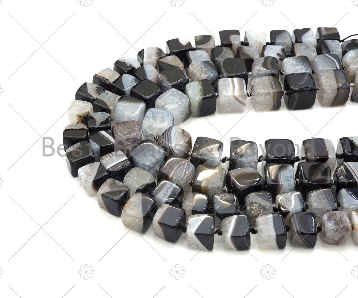 High Quality Natural Black White Druzy Agate Beads, 11mm/15mm Cube Smooth Agate, Necklace Bracelet Jewelry,15.5'' Full Strand,Sku#YK03