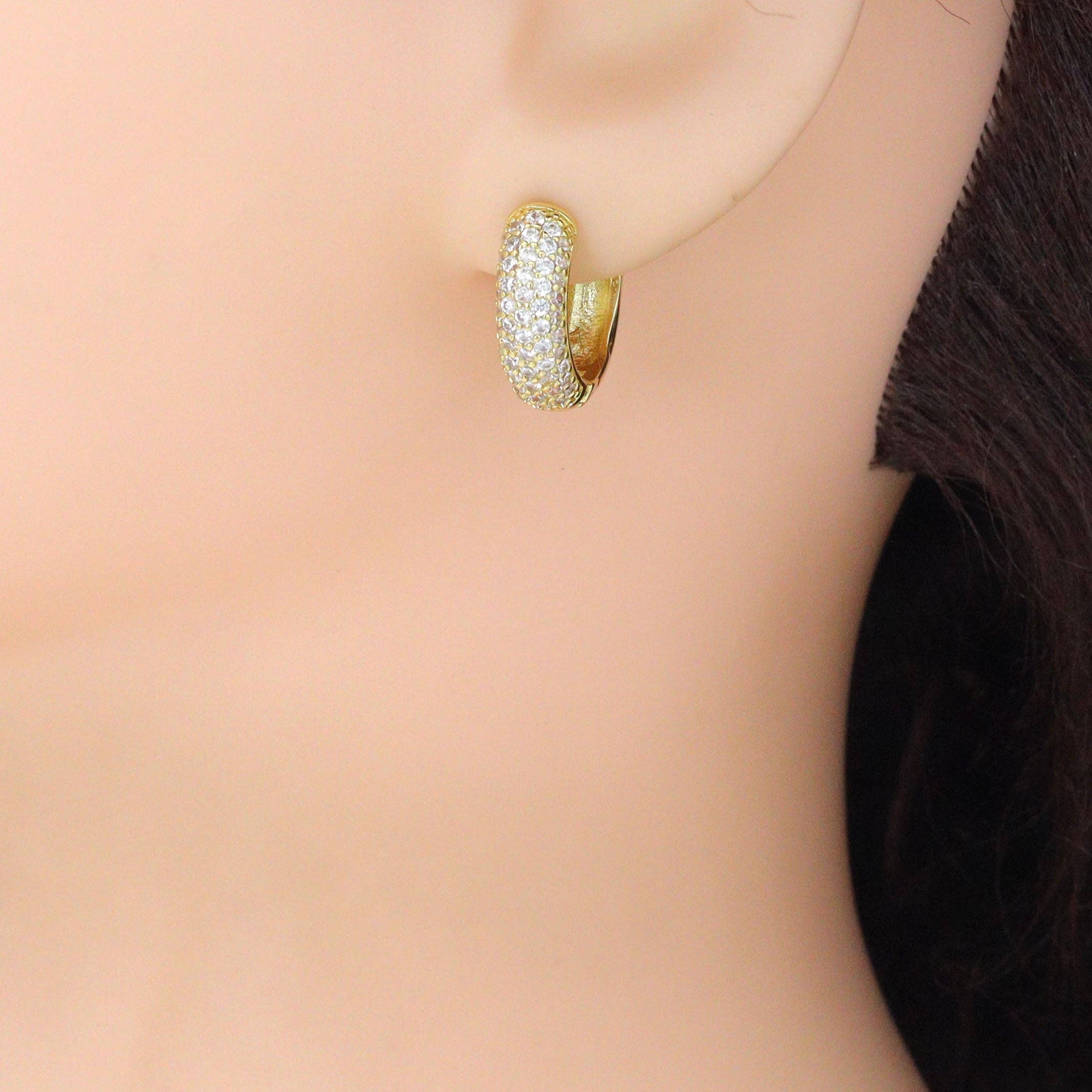Clear CZ Silver Gold Medium size Hoop Earrings, Sku#A477
