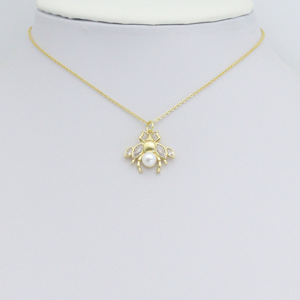 Clear CZ Gold Silver Pearl bee Insect Shape Charm Pendant, Sku#A459