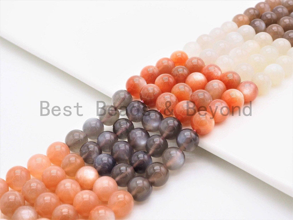 Quality Natural Mixed Color Moonstone Beads, 6/8/10/12mm Round Smooth beads, Peach Gray White Gemstone Beads, 15.5inch strand, SKU#U356