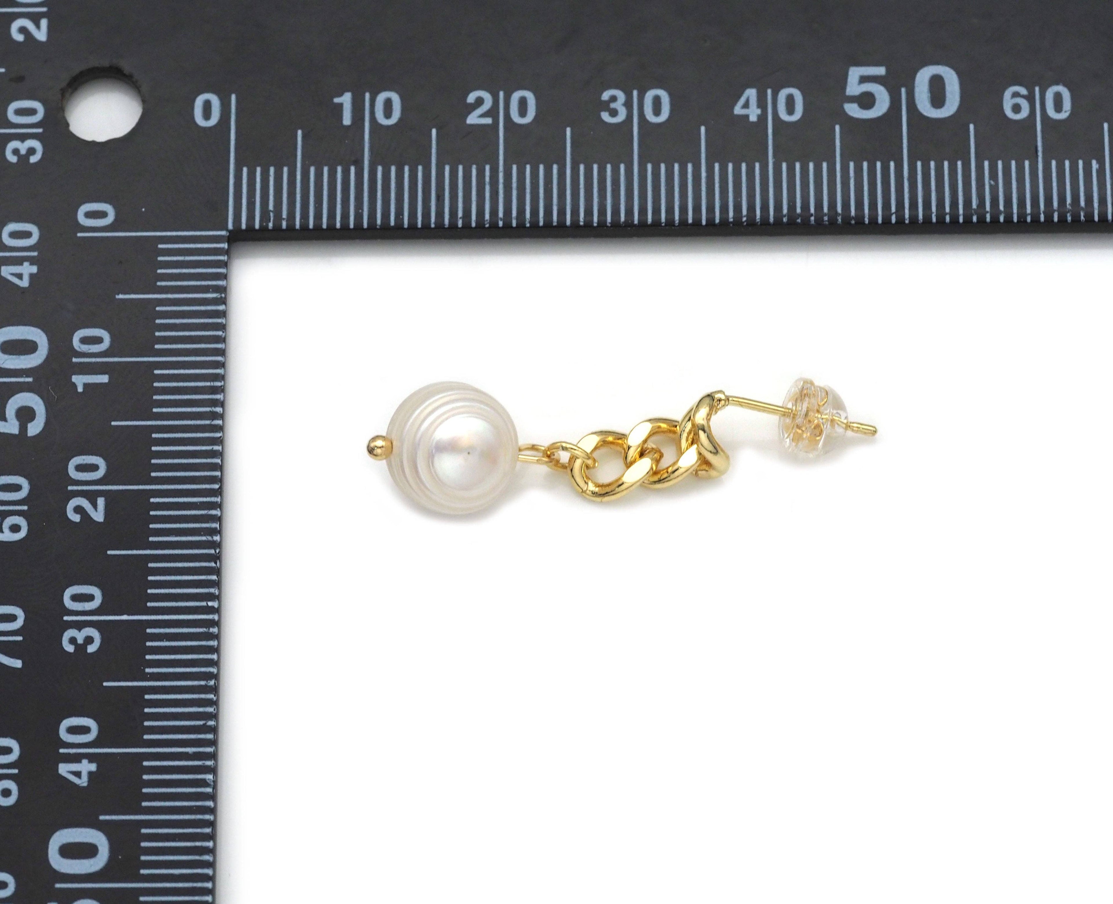 Cuban Link Chain Pearl Stud Earrings, Sku#J383