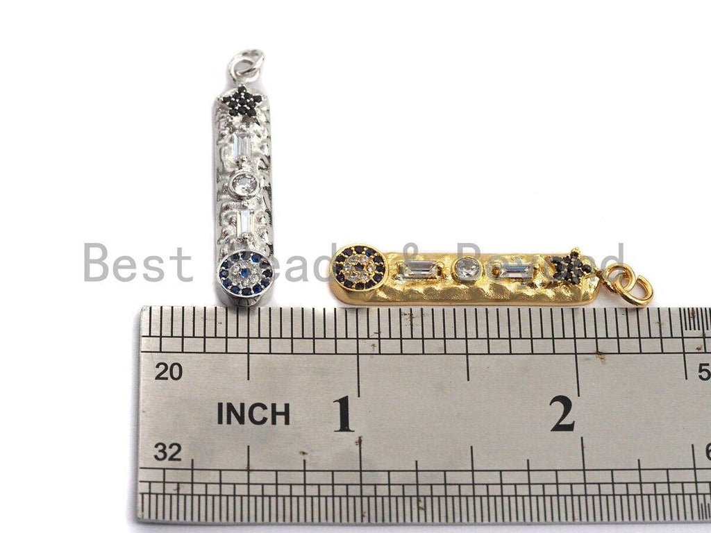 CZ Micro Pave Five Star Evil eye on Long Bar Pendant,Cubic Zirconia Charm, Silver/Gold Pendant,7x36mm,sku#Z524