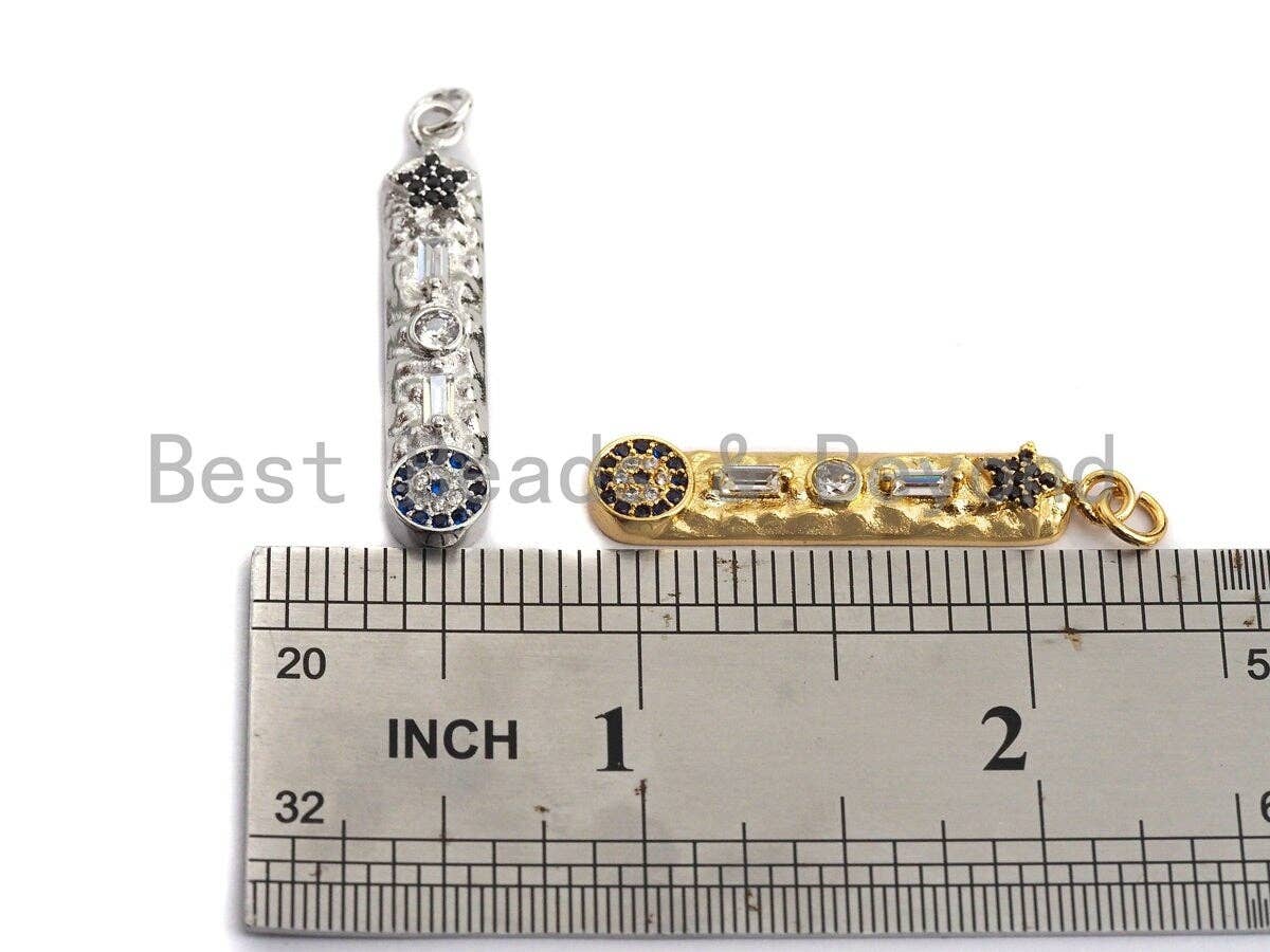 CZ Micro Pave Five Star Evil eye on Long Bar Pendant,Cubic Zirconia Charm, Silver/Gold Pendant,7x36mm,sku#Z524