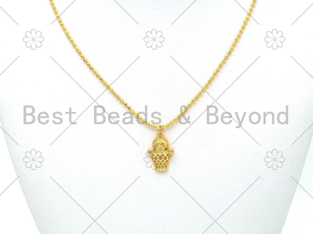 CZ Micro Pave Basketball with Basketball Hoop Shape Pendant,CZ Gold/Sivler/Black/Rose Gold Charm, Necklace Bracelet Pendant,14x21mm,Sku#Y487
