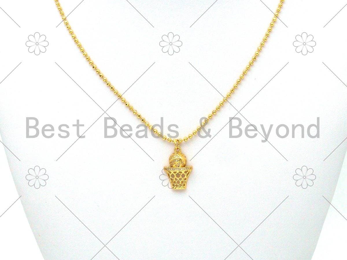 CZ Micro Pave Basketball with Basketball Hoop Shape Pendant,CZ Gold/Sivler/Black/Rose Gold Charm, Necklace Bracelet Pendant,14x21mm,Sku#Y487