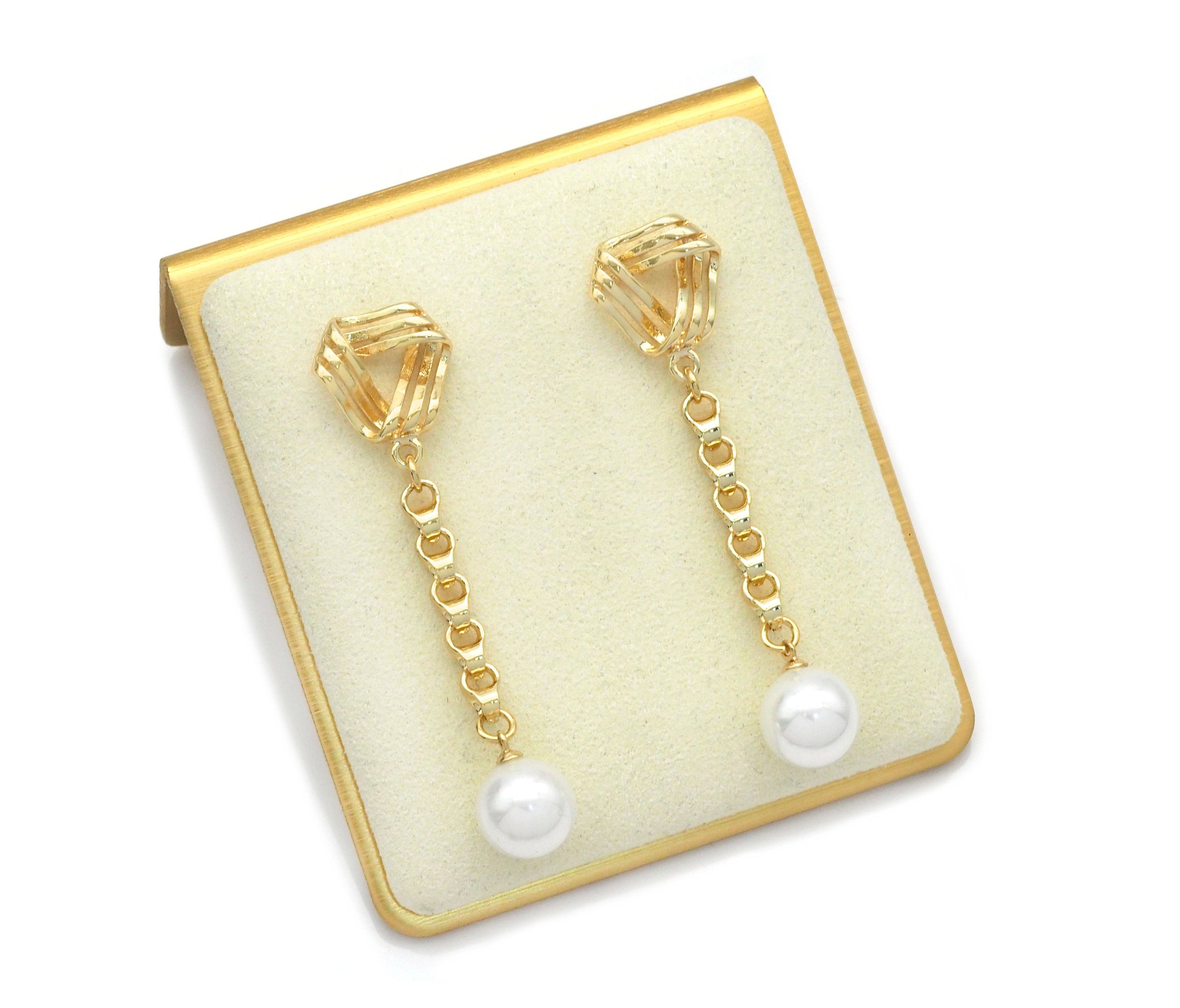 Gold Ear Climber Earrings, Link Pearl Earrings, Sku#LX123