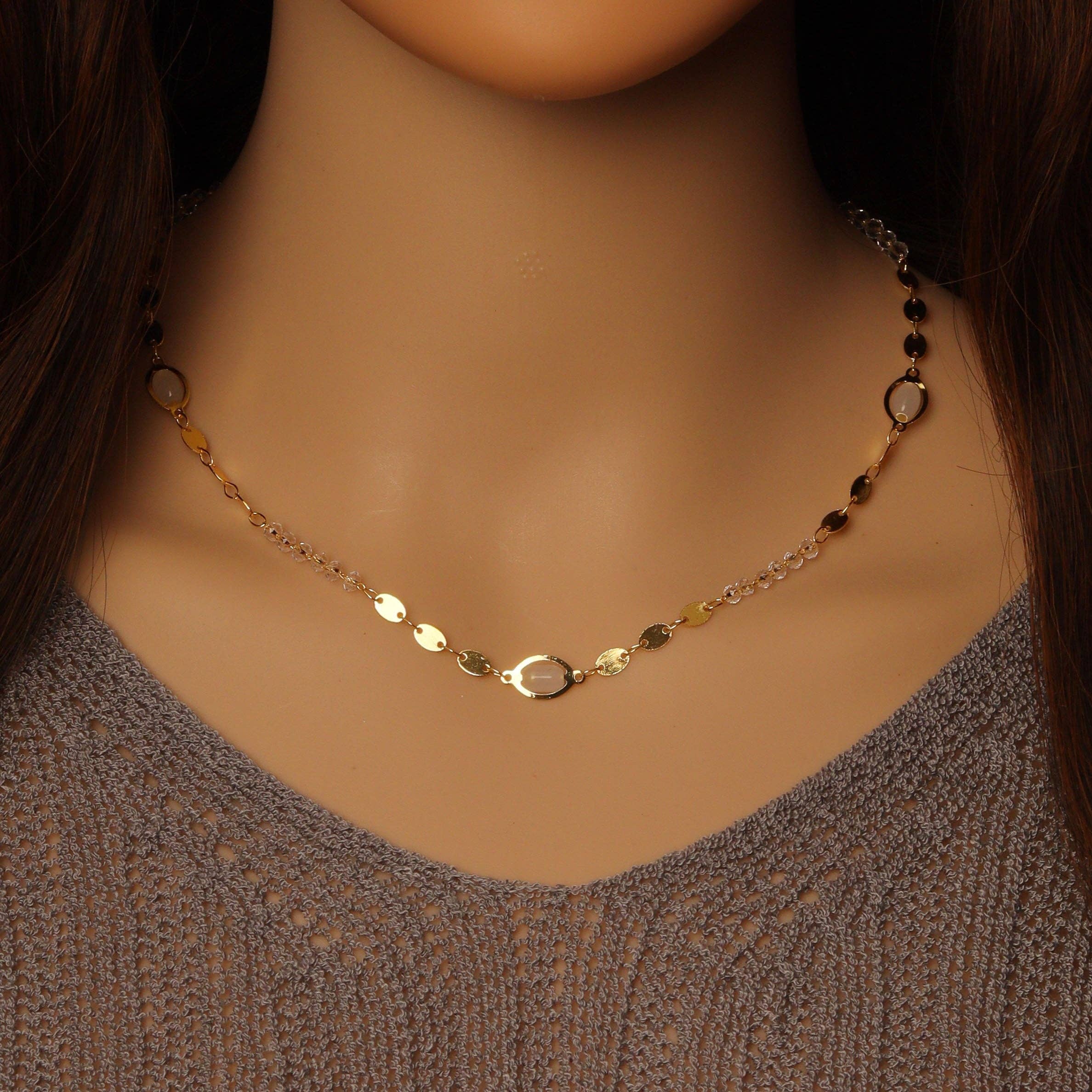 Oval Disc Opal Link Gold  Necklace, Sku#EF355