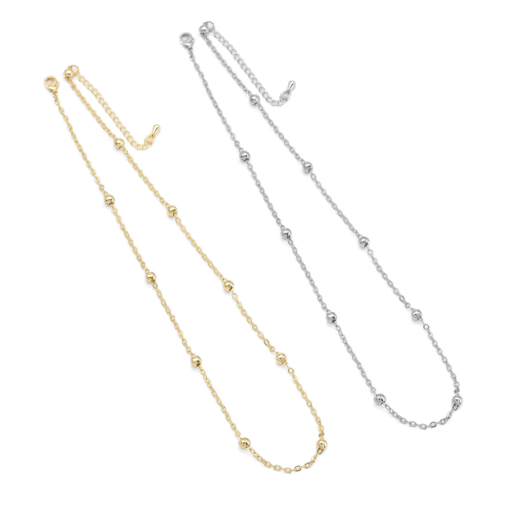 CZ Round Link Gold Silver Satellite Ball Adjustable Necklace, Sku#EF460