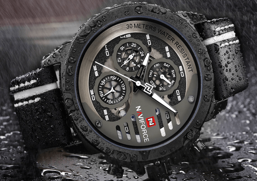 Montre de Sport Étanche Homme avec Chronomètres et Bracelet en Cuir Montre-Bracelet Multifonction Design Unique Cadeau Parfait