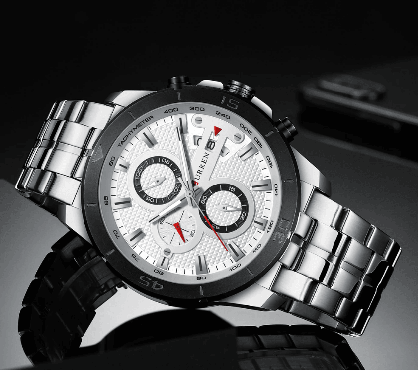 Montre étanche pour homme avec chronomètres, affichage du jour et aiguilles fluorescentes. Design de luxe unique. Cadeau parfait.