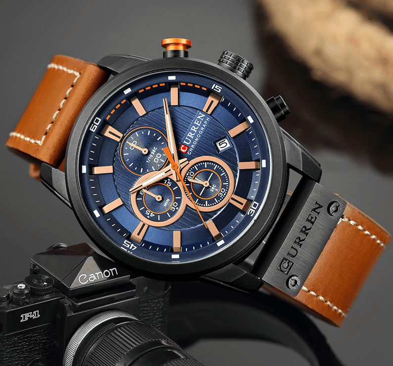 Montre de sport élégante et étanche pour homme avec chronomètres, affichage de la date, bracelets en cuir et verre Hardlex résistant aux rayures. Cadeau idéal pour lui.